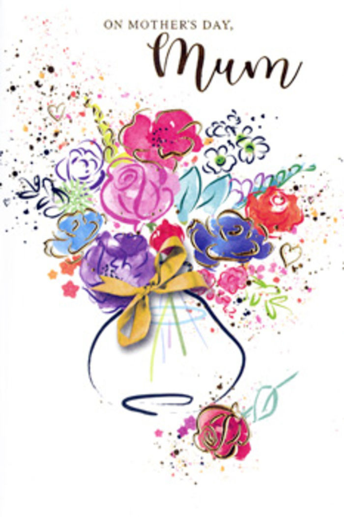 This Mother's Day card artwork depicts an exuberant, painterly bouquet that feels at once modern and timeless, like a florist's sketch come to life on crisp white card. At the heart of the design, open blooms in hot pink, rich magenta, and deep cerise spread outward in loose, overlapping layers, their forms suggested rather than strictly drawn, creating a sense of softness and movement. Subtle strokes of deep indigo and midnight blue outline some petals and leaves, offering contrast and depth, while lighter touches of cornflower blue and lavender drift between the warmer tones like cool shadows on a flower stall in Welling. Fine veins and edges are picked out in glimmering gold, adding a hint of luxury, as though the light over Danson Park lake had been captured and laid along each petal. The flowers cluster into a rounded, gently tapered vase, painted with soft washes that make it feel almost translucent, and a neat golden bow is tied at its neck, suggesting the care and precision of a bouquet prepared by Flowers Welling for a special Mother's Day delivery. Around the main composition, hearts and tiny paint splatters scatter freely, echoing petals and confetti, creating a frame of playful energy around the stillness of the vase. The overall feeling is of a joyful, affectionate tribute-vibrant but harmonious, expressive yet thoughtful-embodying the way children and grown-up sons and daughters in Welling might wish to celebrate a mother's kindness, strength, and unwavering love with a card that feels like a hug in colour.