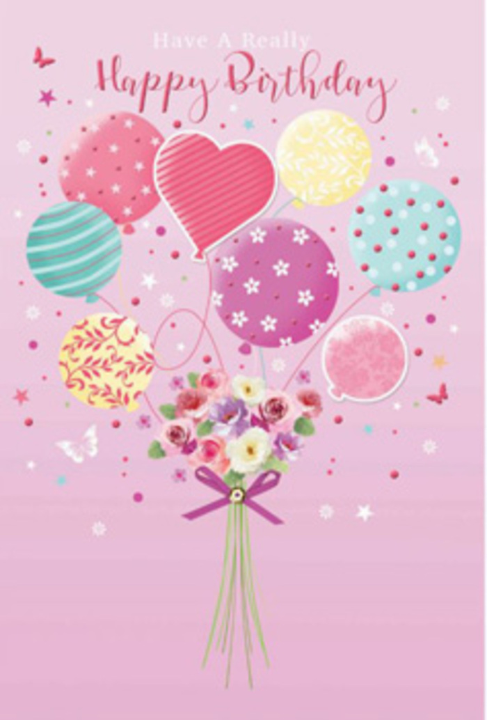 Softly whimsical birthday card artwork featuring a bouquet and balloons rendered in romantic pastel tones, evoking the feeling of a relaxed celebration at home in Welling. The image is set on a pale pink backdrop that feels like dusk light reflecting off a calm sky. In the middle, a cluster of rounded balloons appears to float upward, their strings converging at a bouquet of fresh flowers. Each balloon is decorated with its own joyful motif-candy-coloured stripes that spiral around the surface, scattered polka dots that seem almost to dance, and delicate floral prints. Shades of petal pink, minty green, lemon yellow, lavender, and soft peach merge together, suggesting the mixed colours you'd find on a florist's display stand near Welling station. Anchoring the image is a tight hand-tied bouquet, made up of petite roses and daisy-like blossoms in cream, blush, and dusty mauve. The petals look gently ruffled and velvety, as though they've just been selected from fresh market buckets, ready for delivery across local streets from Hook Lane to the shops off Park View Road. A shining violet ribbon wraps the stems, its bow adding a polished, celebratory touch. Scattered stars and tiny butterflies drift around the arrangement, giving the impression of light movement and birthday wishes in the air. The soft glow that washes across the scene turns this simple grouping of balloons and flowers into a tender, uplifting moment that would feel right at home in any Welling birthday celebration.