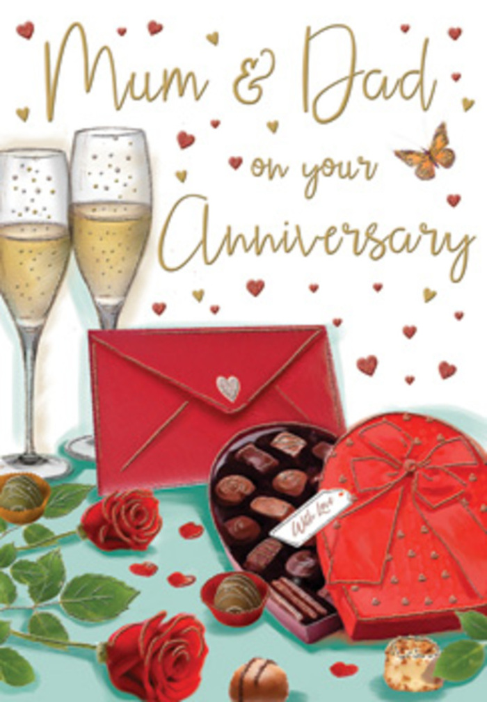 This anniversary card artwork portrays a lovingly arranged celebration scene that feels perfectly suited to a special evening in Welling. The composition centers on two elegant champagne glasses, their tall, slender forms drawn with careful highlights that make the glass look almost real. Inside, the champagne shimmers with a soft golden hue, bubbles rising in fine trails and catching the light as if captured at the very moment of a toast. Just below, a heart-shaped box of chocolates, coloured a deep romantic red, sits slightly open to reveal assorted truffles arranged in neat rows, their tops shaded to suggest glossy shells and decadent fillings. A bold red bow wraps around the box, its loops and tails echoing the curves of two rich red roses lying nearby. These roses, with their tightly layered, velvety petals, appear freshly cut, reminiscent of a bouquet expertly put together by Flowers Welling for couples celebrating in homes around Welling High Street or near the paths of Danson Park. Soft green foliage frames the blooms and adds a touch of natural vibrancy, balancing the warm tones of the chocolates and champagne. Tiny hearts in shades of gold and crimson seem to float through the air, scattering across the background and infusing the card with romance and quiet excitement. A scarlet envelope, sealed and resting at the front, suggests a lovingly written anniversary message, perhaps addressed to Mum & Dad in the graceful, hand-drawn script above. Bathed in a gentle, ambient glow, the entire illustration conveys warmth, tenderness, and the sense of a shared journey marked by many thoughtful, joy-filled moments.