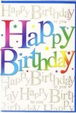 The image shows a richly designed birthday card that radiates happiness, reminiscent of a colourful celebration in the heart of Welling. Dominating the front is the greeting Happy Birthday, written in big, friendly letters that curve gently across the card, each one awash in a luminous rainbow gradient. Deep cherry reds flow seamlessly into pinks and purples, then into cool blues and turquoise before warming into greens, ambers, and bright yellows, much like the shifting hues of party decorations set up for a gathering near Welling Station. The letters are softly shaded, with highlights that suggest a touchable, slightly raised texture, inviting you to imagine tracing each curve. Behind this exuberant message, a fine layer of looping gold script repeats the phrase Happy Birthday to you over and over, angled across the background like a whispered chorus of friends and family singing together. The gold ink has a delicate sparkle, catching the light in small glimmers rather than bold flashes, similar to fairy lights twinkling along a local garden fence by Danson Park. Scattered around the main words are tiny specks and star-like dots in bright, confetti-like colours-pinks, blues, greens, and citrus tones-that heighten the festive mood. The card surface appears smooth and satiny, giving it a refined finish that balances its playful energy. Overall, the design feels cheerful, modern, and heartfelt-a birthday card that could easily be chosen from a Welling shop display to make someone's special day feel brighter, more memorable, and warmly celebrated.