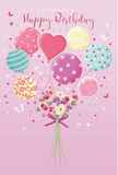 Delicate birthday card illustration portraying a pastel balloon cluster carrying a sweet little bouquet, as if designed by a Welling florist who loves soft, romantic details. The background is a gentle, powdery pink, creating a calm canvas that lets the colours of the balloons and flowers glow. Rising from the lower centre, a group of balloons in muted tones of blush, teal, lemon, lavender, and sea green float upward. Each balloon wears a different pattern-playful polka dots, swirling stripes, tiny blossoms, and curved decorative lines-echoing the variety you might see in a window display along Welling High Street. At their base, the strings gather around a compact bouquet of roses and anemone-like blooms in ivory, blush pink, and soft mauve. The petals are drawn with fine, feathery edges, suggesting the softness and freshness of real petals just unwrapped from florist paper. A violet satin bow ties the stems together neatly, adding a little sparkle and structure, like the final flourish a florist adds before a birthday delivery to a home near Danson Park. Around the composition, scattered stars and small, fluttering butterflies give a sense of light-hearted magic, as if birthday wishes are drifting gently through the air. The whole design feels airy and joyful, capturing the simple pleasure of giving flowers and balloons to mark someone's special day in Welling.