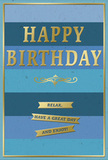 The birthday card in this image offers the same quiet delight as opening the door to a surprise flower delivery in Welling: calm, considered, and gently joyful. The background is made up of wide, evenly spaced stripes of blue running horizontally across the card, shading from deep navy through rich mid-blue to a soft, powdery sky tone. These matte bands create a tranquil base, like layers of distant sea and sky. Standing out clearly against this serene backdrop, the words HAPPY BIRTHDAY appear in tall, embossed gold lettering, reflective yet refined, with each letter neatly spaced to feel both celebratory and composed. Just below, a delicate golden scrollwork design traces a graceful line, echoing the curves of petals and leaves you might see in a hand-tied bouquet from a local Welling florist. Beneath this flourish, three short golden banners sit one below the other in perfect alignment, carrying a friendly trio of wishes: Relax, have a great day and enjoy! The golden foil used for the text, ribbons, and fine border that frames the card catches the light in a soft shimmer, bringing warmth to the cool blues. You can almost imagine the weight of the card in hand and the smooth, slightly raised feel of the embossed lettering under a fingertip. This design would sit beautifully alongside a vase of fresh, seasonal flowers on a living-room table, helping to set the tone for an unhurried birthday-something cosy and heartfelt, shared quietly at home in Welling with those who matter most.