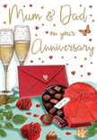 An anniversary card illustration unfolds like a small, intimate celebration, the kind of scene you might imagine in a Welling home after a special delivery has arrived. At the centre, two champagne flutes stand together on a softly lit surface, their clear glass catching reflections while golden bubbles rise from the base in delicate streams, giving a feeling of movement and quiet excitement. In the foreground sits a heart-shaped chocolate box in a rich, romantic red, the lid tipped open to show neatly arranged chocolates with smooth, rounded tops that suggest luxurious, melt-in-the-mouth centres. A full, satin-like red bow lies draped across the box, its curves mirrored by the lush petals of two red roses placed alongside. These roses look freshly picked, their petals deep and velvety, like blooms a local Welling florist might select for an anniversary bouquet delivered near Bexleyheath or along Welling's residential streets. Green foliage peeks out from beneath the flower heads, introducing softness and contrast to the rich reds and warm browns. Around the main elements, scattered chocolates and small hearts in shades of gold and crimson float and rest on the surface, adding a playful yet deeply affectionate touch. A scarlet envelope, perfectly sealed and slightly angled, rests near the chocolates, suggesting a handwritten note filled with love and gratitude. Above, elegant, hand-lettered wording for beloved parents is framed by subtle golden accents. The gentle glow of the background light ties the whole composition together, making the card feel warm, celebratory, and steeped in the enduring love that anniversaries in Welling so often honour.
